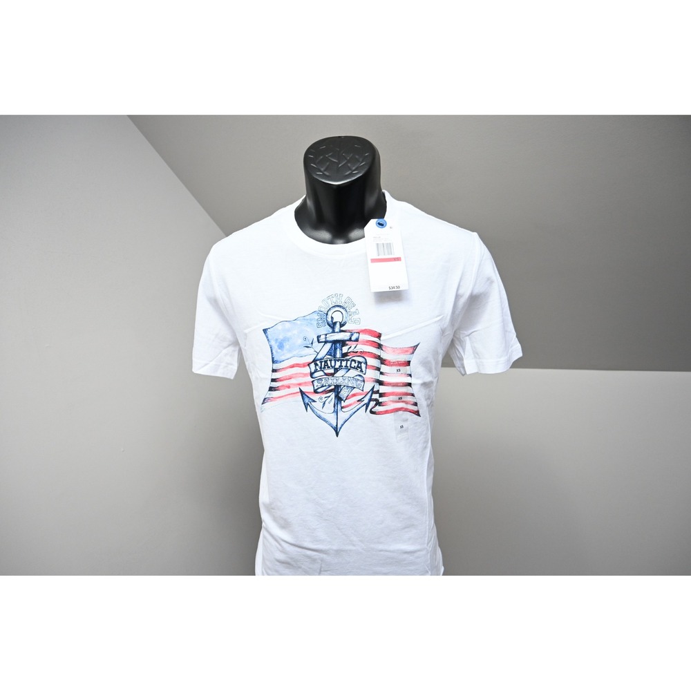 Nautica Blue Sail T-Shirt Mens XS White Graphic Anchor American Flag New